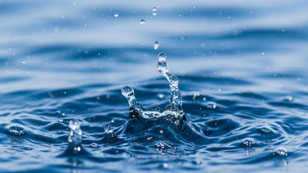 An extreme close-up captures a dynamic water splash with intricate droplets and ripples forming on the surface of deep blue water.の素材