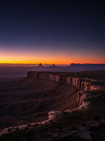 Silhouetted mesas stand against a dramatic sunset sky transitioning from deep orange to purple, casting long shadows over the vast desert landscape.の素材