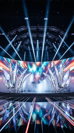A futuristic stage with a large, colorful LED screen backdrop, dramatic spotlights, and a reflective floor creating a vibrant and energetic atmosphere.の素材