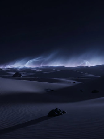 A surreal desert landscape at night with dark sand dunes under a dramatic sky illuminated by an ethereal aurora borealis.の素材