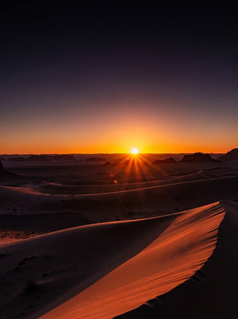 A vibrant golden sunset casts long shadows across rolling sand dunes in a vast desert landscape, with the sun creating a starburst effect.の素材