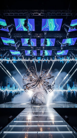 A futuristic stage features a complex rotating kinetic sculpture, robotic arms, and large LED screens displaying abstract green and blue patterns, with smoke and spotlights.の素材