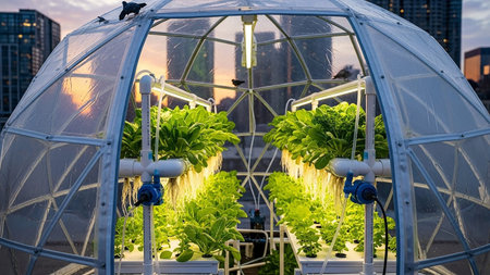 Inside a geodesic dome greenhouse, rows of lush green plants are cultivated using hydroponic systems under bright artificial lights, with city buildings visible in the background.の素材