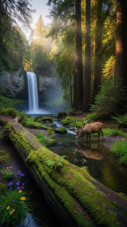 A majestic deer drinks from a clear stream in a vibrant, moss-covered forest with a cascading waterfall and sunbeams filtering through trees.の素材
