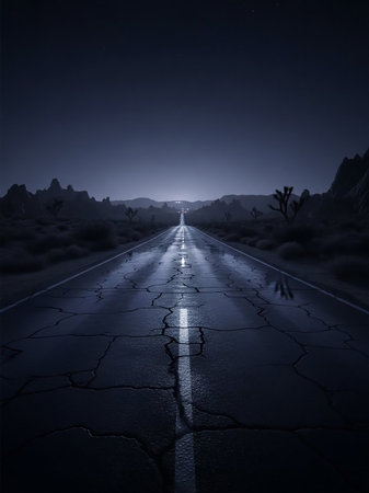 A dark, cracked asphalt road extends into the distance through a desert landscape under a night sky, with faint lights visible on the horizon.の素材