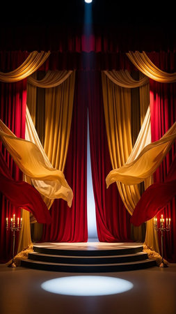 An empty stage is framed by opulent red and gold draped curtains, with lit candlesticks on either side and a spotlight illuminating the circular platform below.の素材
