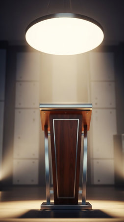 A sleek wooden and metal podium stands illuminated by a bright circular light fixture. The background is a modern conference room with concrete walls.の素材