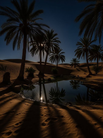 A tranquil desert oasis at night, with palm trees silhouetted against the moonlit sky, their reflections shimmering on the surface of the still water.の素材