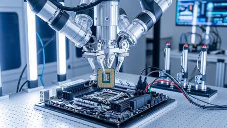 A robotic arm precisely installs a CPU onto a computer motherboard in a brightly lit, modern laboratory setting with other equipment visible.の素材