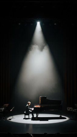 A lone pianist plays a grand piano on a dark stage, illuminated by a single, dramatic spotlight with wisps of smoke.の素材