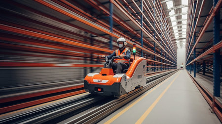 A person wearing a helmet and vest operates a small, orange automated vehicle on tracks within a large warehouse filled with tall shelving units.の素材