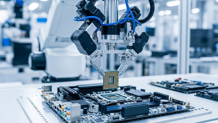A robotic arm precisely places a CPU onto a complex motherboard in a brightly lit, modern factory. The scene highlights advanced automation in electronics manufacturing.の素材