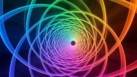 A vibrant rainbow spiral vortex tunnel with a dark center, created with flowing colorful lines and a sense of depth and motion.の素材