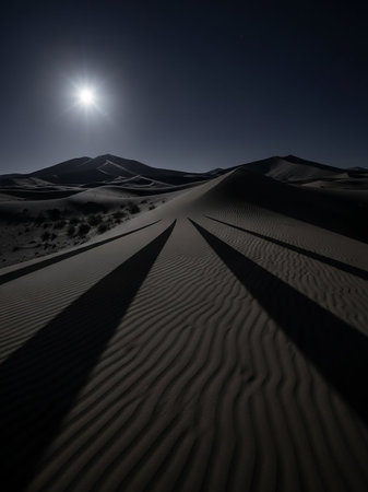 Rippled sand dunes in a desert are illuminated by the bright moon, casting long, dramatic shadows under a dark night sky.の素材
