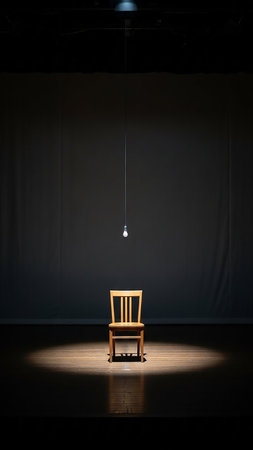 A single wooden chair sits in the center of a dark room, illuminated by a bare light bulb hanging above. The scene is stark and dramatic.の素材