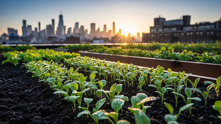 Rows of young green plants grow in an urban rooftop garden with a city skyline and sunrise in the background, symbolizing sustainable urban agriculture.の素材