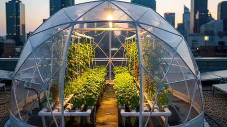A geodesic dome greenhouse on a rooftop showcases rows of hydroponically grown plants, with a city skyline visible in the background at dusk.の素材