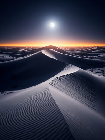 Expansive desert landscape with undulating sand dunes illuminated by a bright full moon and a glowing orange twilight horizon.の素材