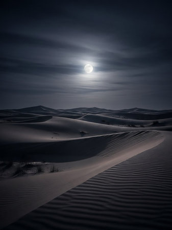 A full moon shines brightly through dark clouds over rolling sand dunes in a vast desert landscape at night.の素材