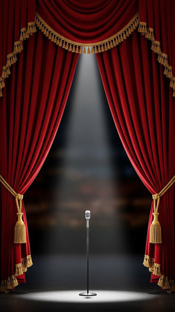A vintage microphone stands center stage under a spotlight, framed by opulent red velvet curtains with gold tassels.の素材
