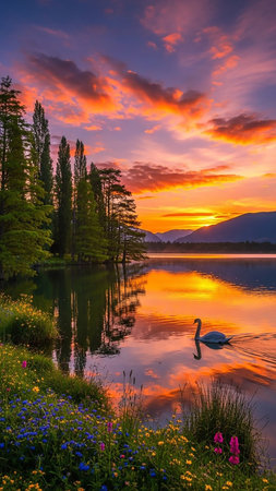 A lone white swan swims on a calm lake reflecting a dramatic sunset sky filled with orange and purple clouds, bordered by lush green trees and vibrant wildflowers.の素材