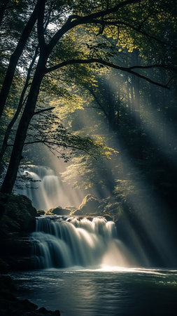 Sunbeams filter through the canopy of a lush forest, illuminating a serene waterfall cascading over moss-covered rocks into a clear pool.の素材