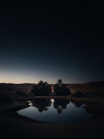 A serene desert oasis at dusk with palm trees reflected in still water, surrounded by sand dunes under a dark twilight sky.の素材