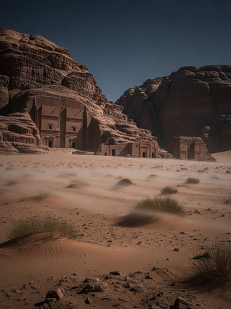 Ancient Nabataean tombs with intricate facades are carved into towering sandstone cliffs in a desert landscape. A light mist hovers over the sandy terrain as the sky darkens towards twilight,...の素材