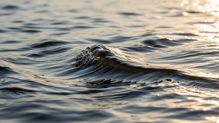 A detailed close-up captures a small wave cresting on the water's surface. Sunlight reflects off the ripples, creating a serene and dynamic texture.の素材