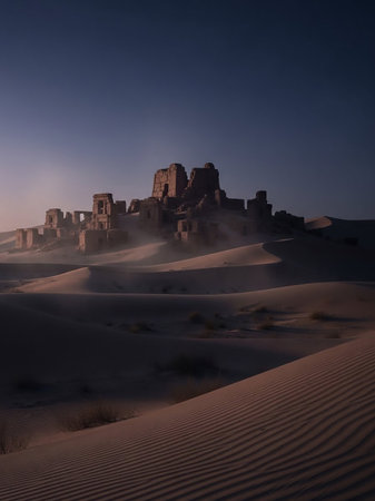 Crumbling ancient stone ruins rise from rolling desert sand dunes. A soft mist hangs in the air, catching the early morning light. The sand rippled patterns and shadows.の素材