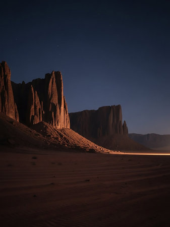 Towering sandstone rock formations stand silhouetted against a dark night sky, illuminated by a subtle light source. The rippled sand in the foreground adds texture to this dramatic and vast...の素材