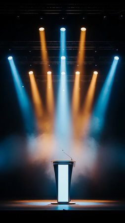 An empty wooden podium stands center stage, illuminated by dramatic blue and orange spotlights that cut through swirling smoke. The dark background emphasizes the illuminated platform.の素材