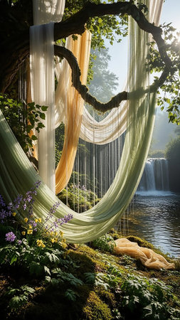 Sheer fabrics in soft hues drape from a tree branch, creating an ethereal curtain in a sun-dappled forest. A gentle waterfall cascades into a clear stream, surrounded by lush moss and vibrant...の素材