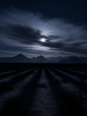 A stark desert landscape under a full moon, with dramatic clouds obscuring the celestial body. Silhouetted mountains form a jagged horizon against the dark, starry sky. Long shadows stretch across...の素材