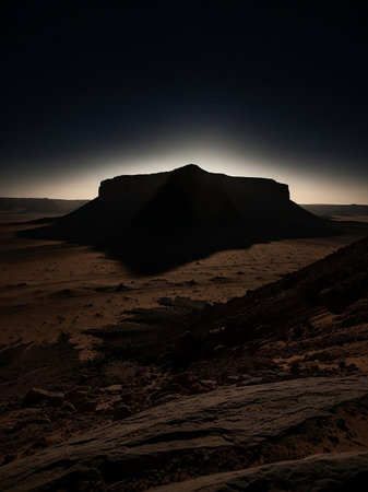 A flat-topped mesa is silhouetted against a dark night sky with a faint glow on the horizon. The desert landscape is textured with sand and rocks, casting deep shadows.の素材