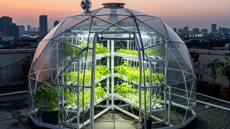 A transparent geodesic dome greenhouse glows with internal lights on a city rooftop at dusk. Inside, hydroponic systems cultivate lush green plants, showcasing innovative urban agriculture.の素材
