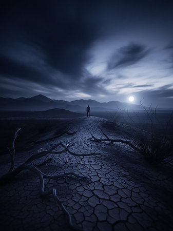 A solitary figure stands silhouetted on a ridge of cracked, dry earth. The moon shines brightly through dramatic, dark clouds in the night sky, casting a moody blue light over the desolate,...の素材