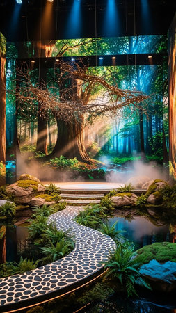 An enchanted forest scene set as a stage, with a winding stone path leading towards a large, ancient tree. Sunbeams stream through the misty air, illuminating lush greenery and a small pond.の素材