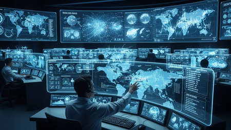 A high-tech global data monitoring center filled with analysts working at curved computer stations displaying intricate maps, charts, and data streams on large, glowing blue screens.の素材
