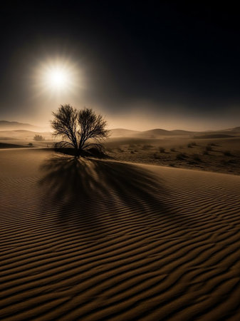 A stark silhouette of a lone, gnarled tree stands against a sunburst in a vast desert landscape. Rippled sand dunes stretch towards the horizon, casting long, dramatic shadows.の素材