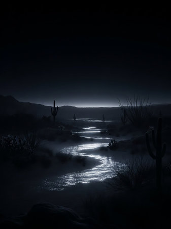 A dark desert landscape illuminated by moonlight. A winding river reflects the moon's glow, flanked by silhouetted saguaro cacti and sparse vegetation under a deep night sky.の素材