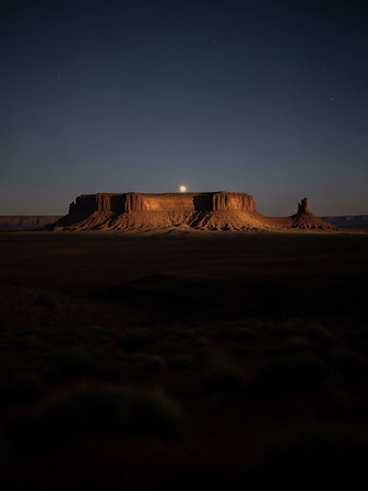 A mesa in Monument Valley is illuminated by the moon and stars, casting long shadows across the desert floor. The vast, dark sky is dotted with countless stars, creating a serene and awe-inspiring...の素材