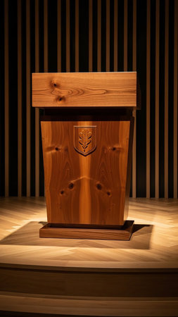 A finely crafted wooden lectern with a polished finish and a carved oak leaf emblem is positioned on a stage. The background a wall of vertical wooden slats, illuminated by warm light.の素材