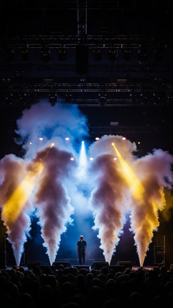 Stage showing lone figure on stage surrounded by dramatic smoke and spotlights during performance. resolution use.の素材