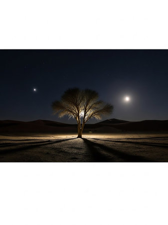 A solitary acacia tree stands illuminated by a bright moon and a distant planet in a vast, dark desert landscape. Long shadows stretch across the sandy ground under a star-filled night sky.の素材
