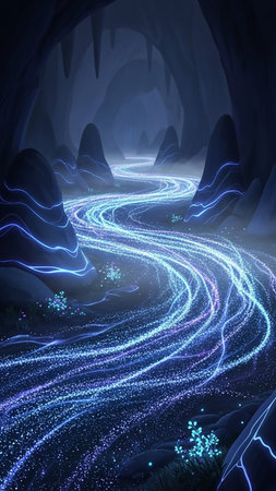 A winding river of sparkling blue and purple light flows through a dark, cavernous environment. Glowing particles and luminous lines illuminate the water and the surrounding rock formations,...の素材