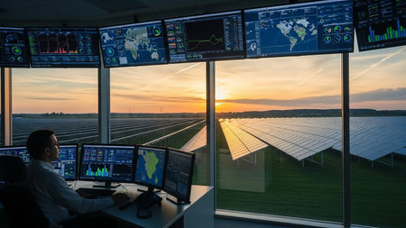 A man in a control room, silhouetted against a sunset, intently monitors multiple computer screens displaying data and maps related to a vast solar farm stretching into the distance. The scene...の素材