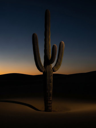 A tall, solitary saguaro cactus stands in sharp silhouette against a gradient of deep blue to warm orange twilight sky. The desert landscape is dark with subtle dune shapes and a long shadow cast...の素材