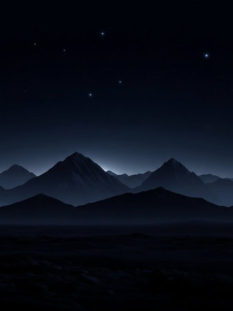 A tranquil night scene featuring layered mountain ranges silhouetted against a deep blue sky dotted with a few bright stars and a faint glow of moonlight.の素材