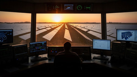 Silhouetted operator sits at a console in a control room, looking out at a vast solar panel farm stretching to the horizon under a sunset. Multiple monitors display data and schematics related to...の素材